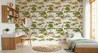 Farmhouse Charm accent wall paper, realistic animals, hayrolls.