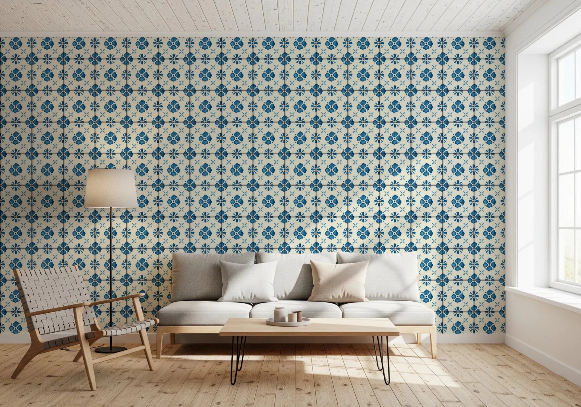Geometric blue tile wall mural for bathroom interiors