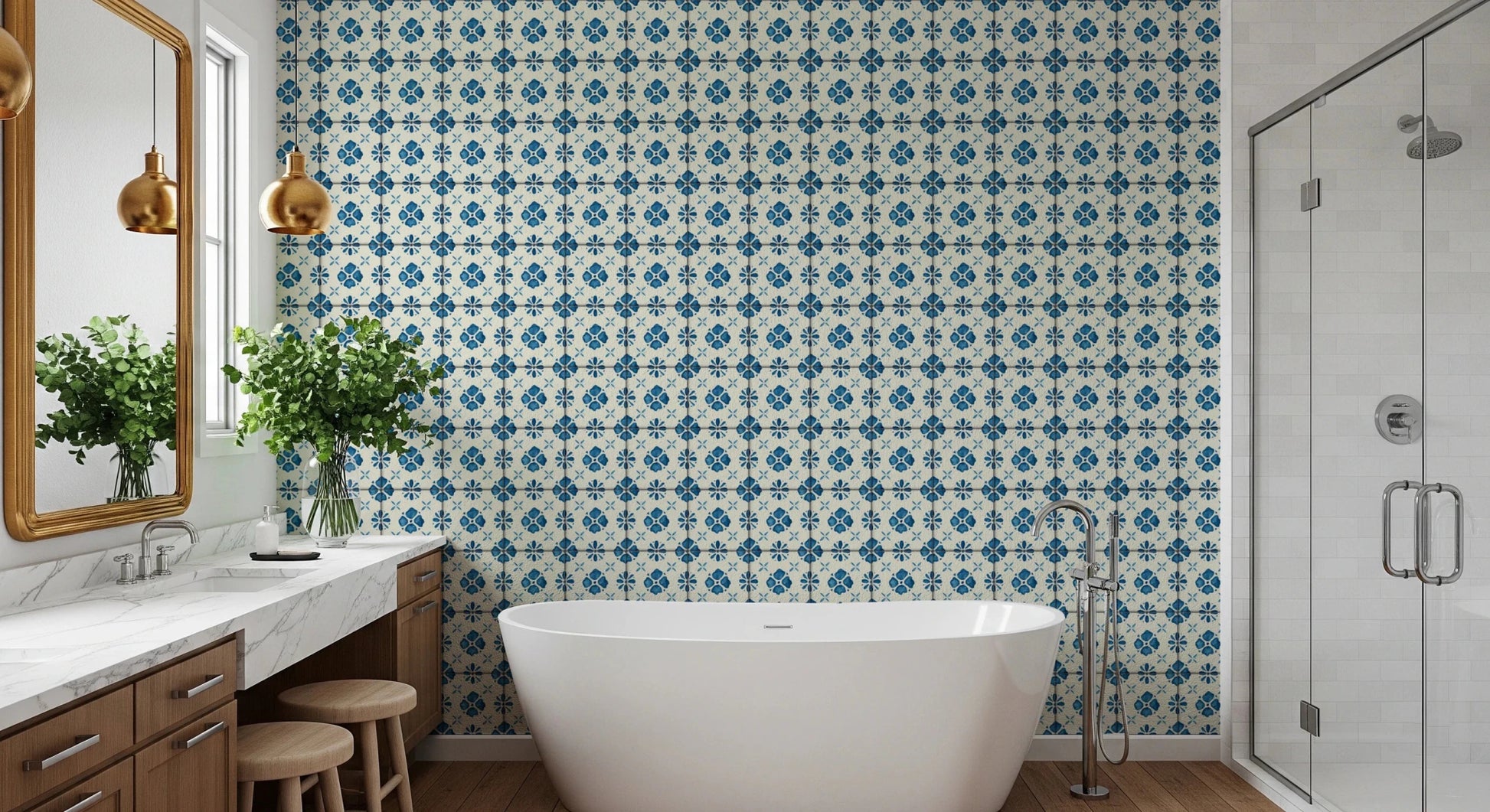 Coastal blue patterned wallpaper for dining area wall decor