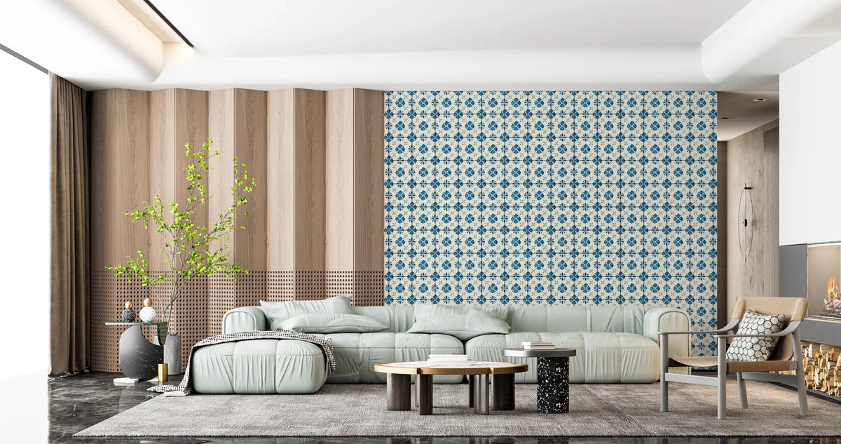 Blue floral tile wallpaper for kitchen backsplash decor, GD8386