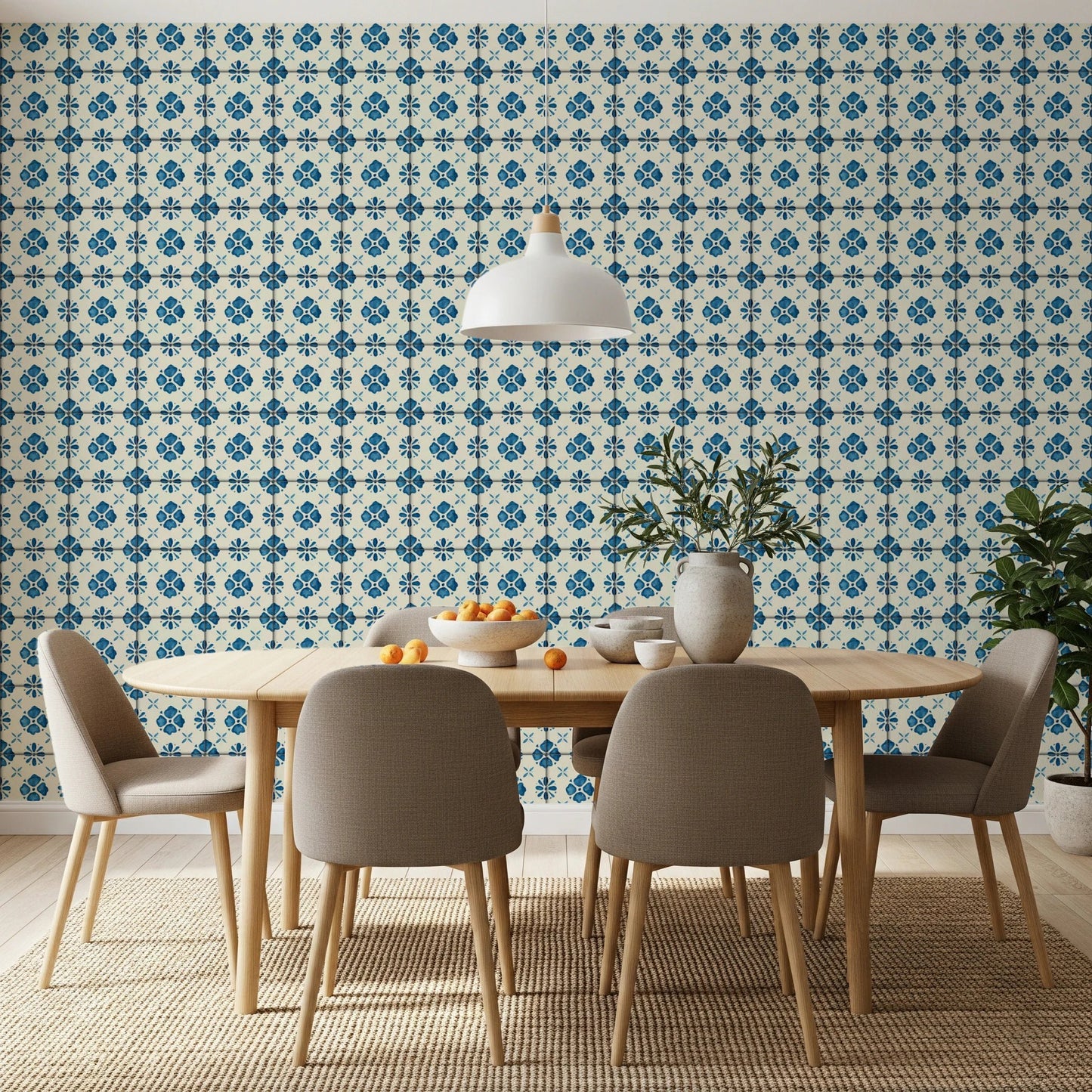 Farmhouse Classic Backsplash Blue Wallpaper with botanical patterns