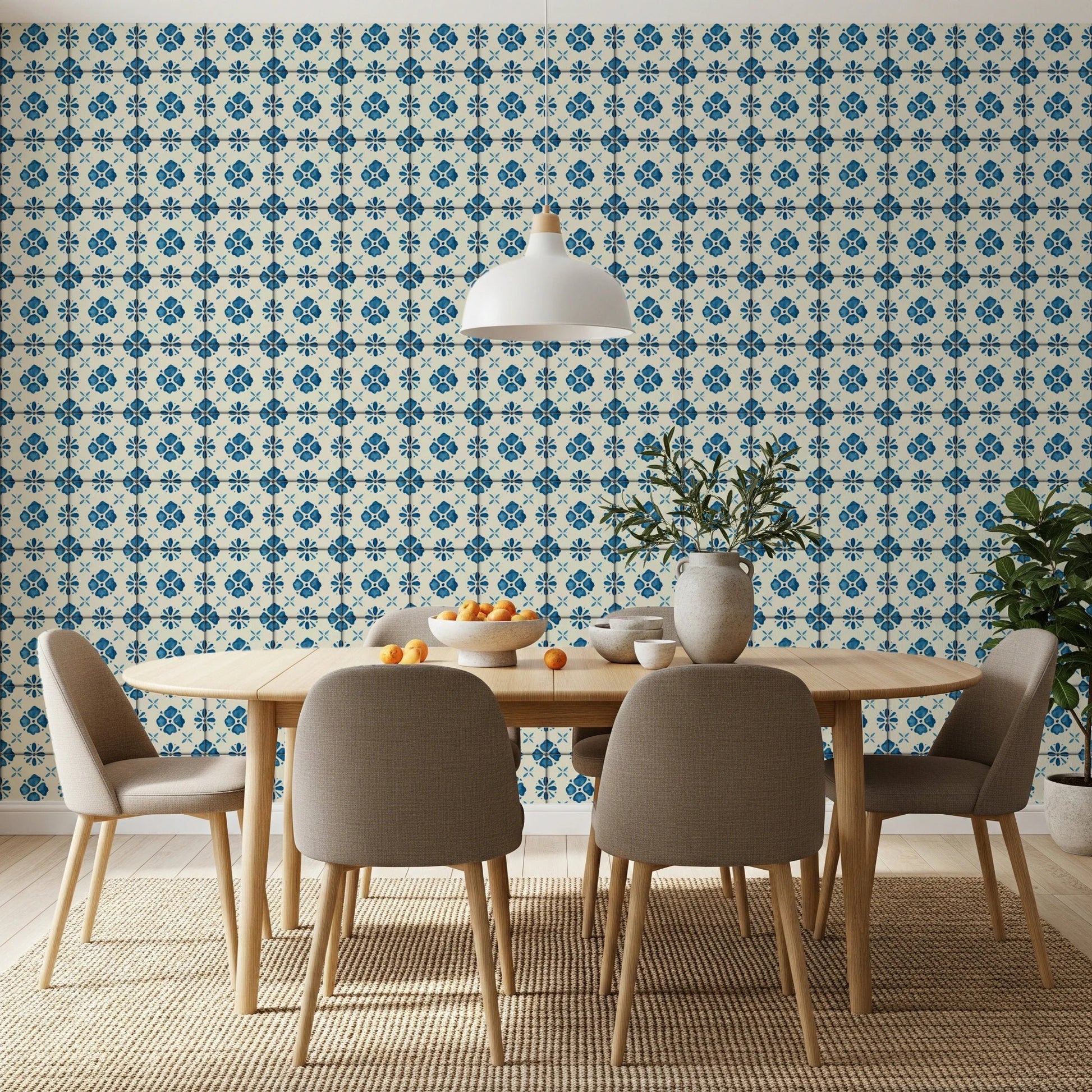 Farmhouse Classic Backsplash Blue Wallpaper with botanical patterns