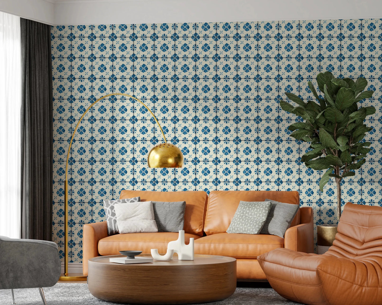 Traditional tile design wall mural in cool blue tones