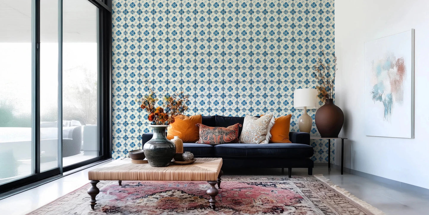 Symmetrical floral wallpaper for bedroom feature walls