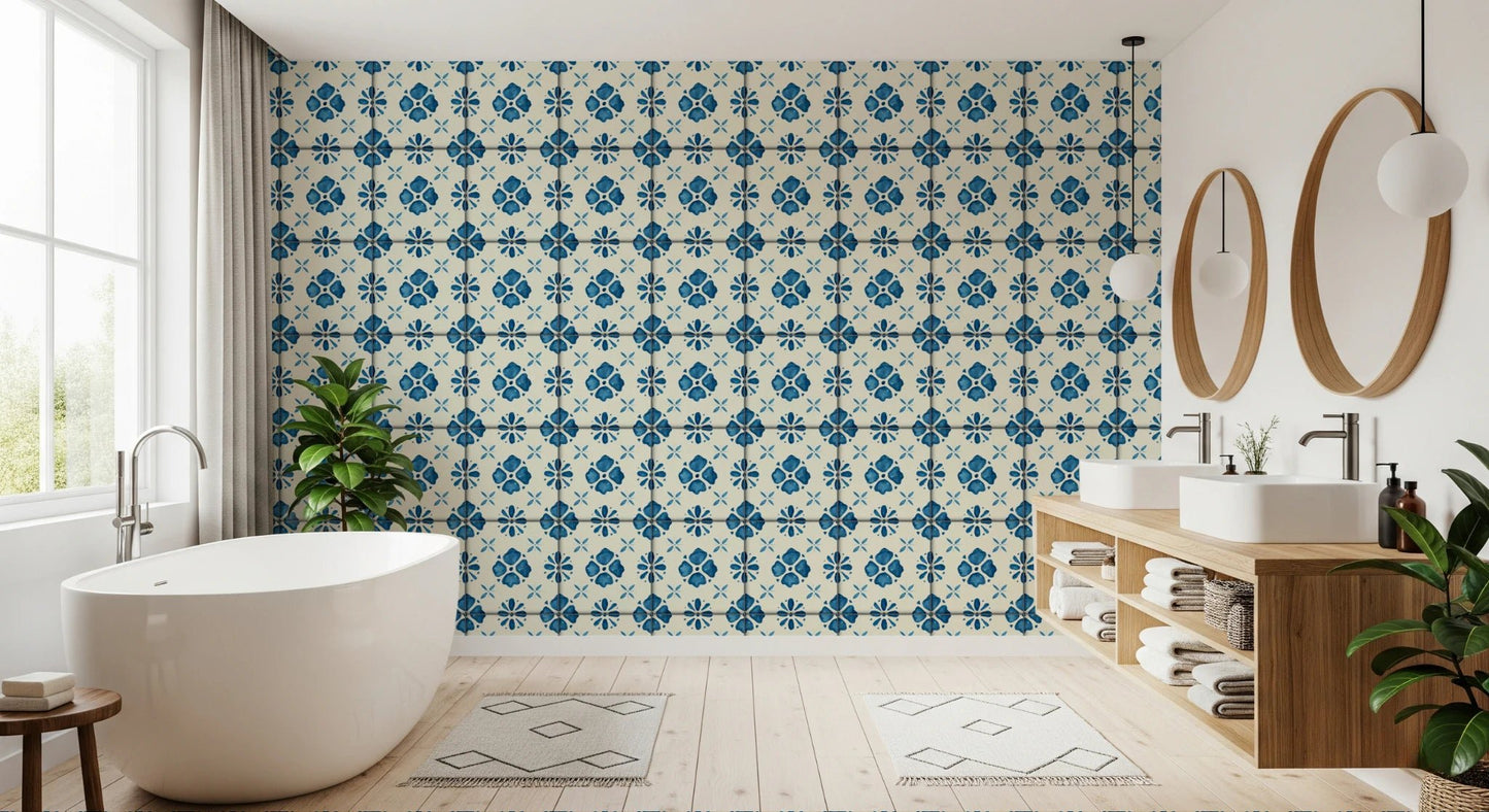 Mediterranean style blue and cream wall mural for home styling