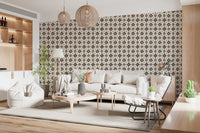 Kitchen wall mural featuring brown floral tile motifs