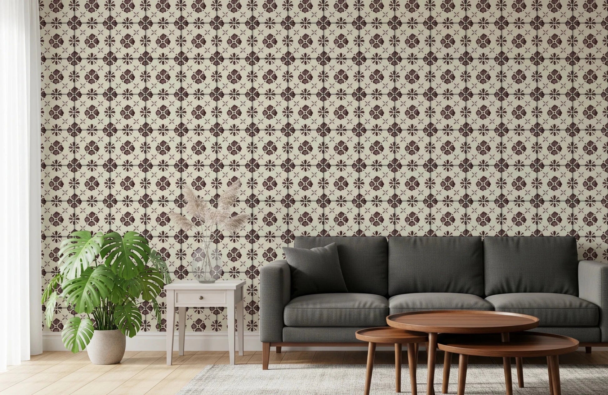 Vintage tile look wallpaper in dark brown and ivory