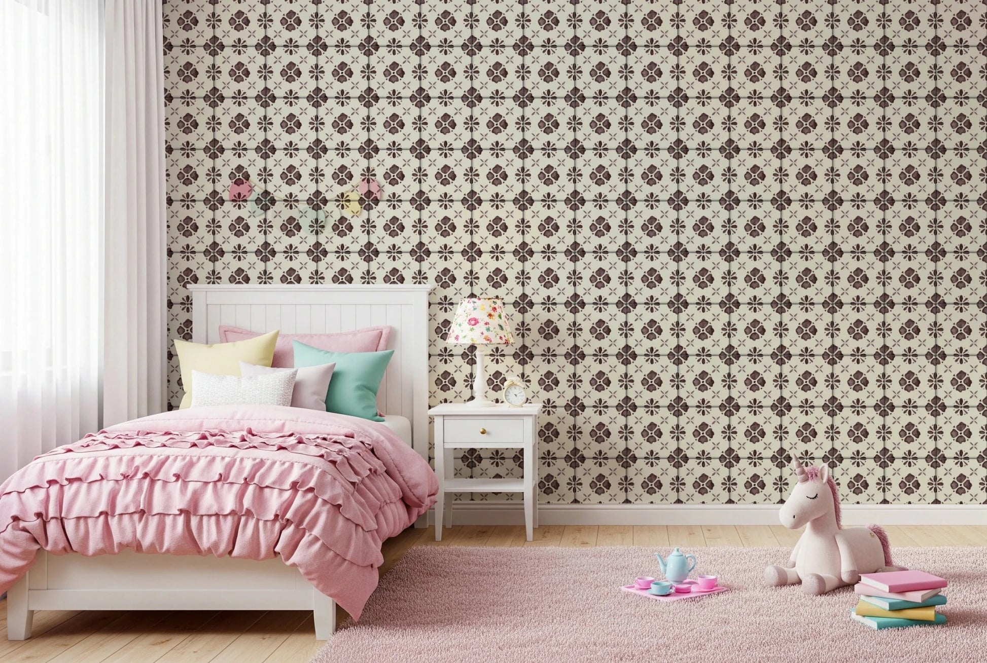 Traditional botanical wall mural in cocoa and cream tones