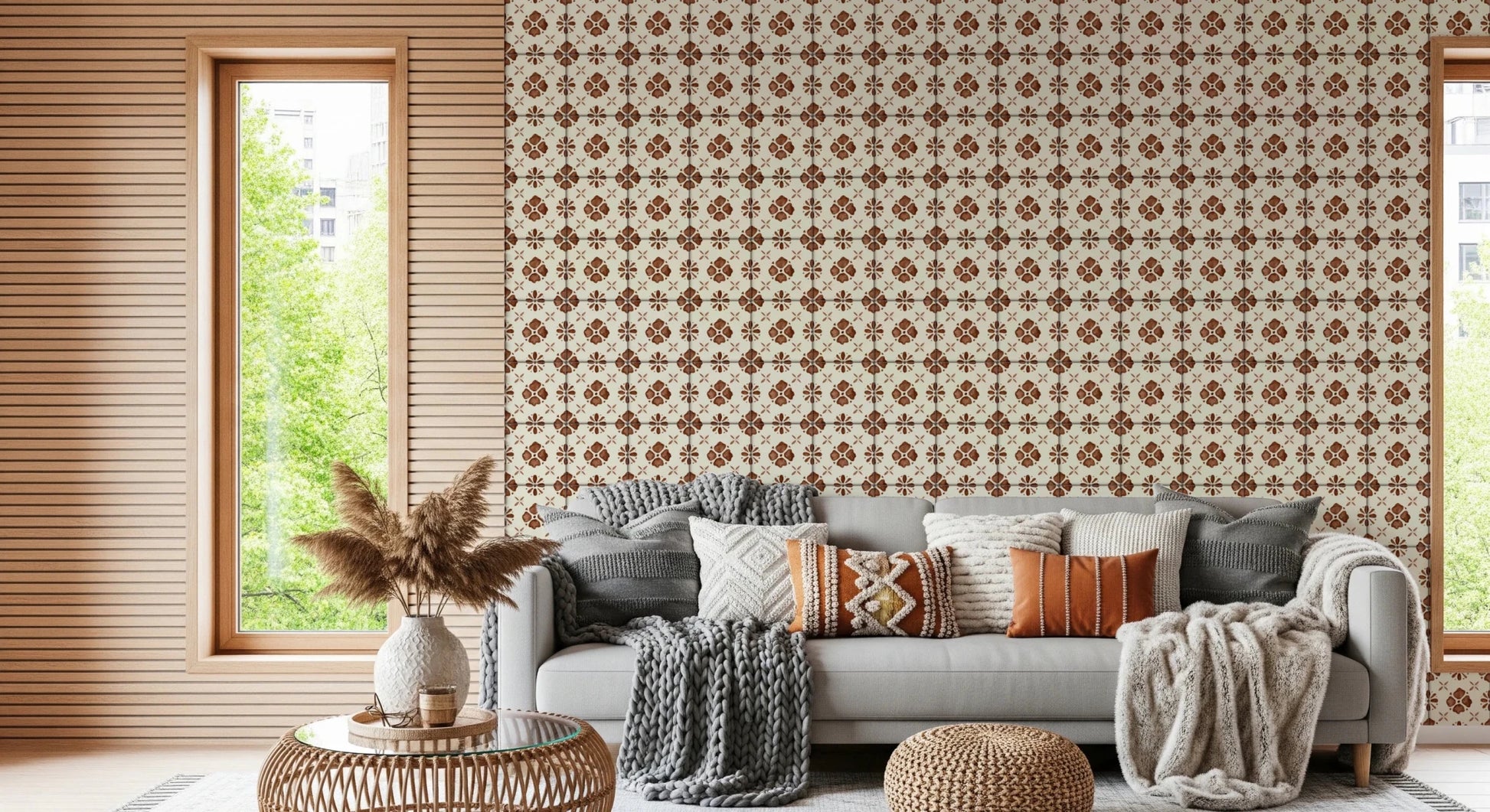 Traditional clay-toned tile design wall mural for home styling, GD8387