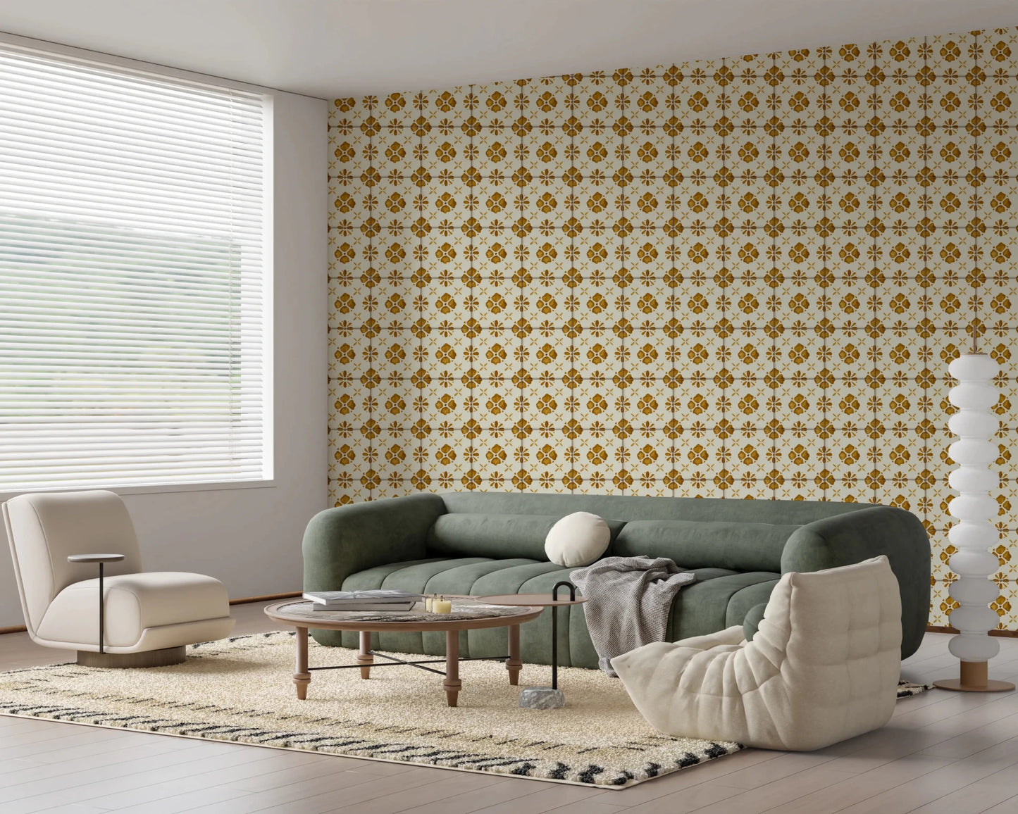 Golden floral tile wallpaper for kitchen backsplash decor