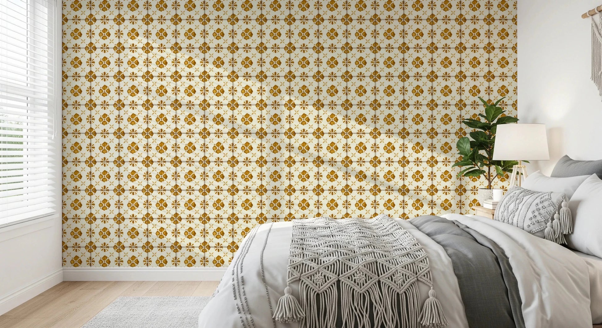 Ochre floral backsplash wallpaper for home decor