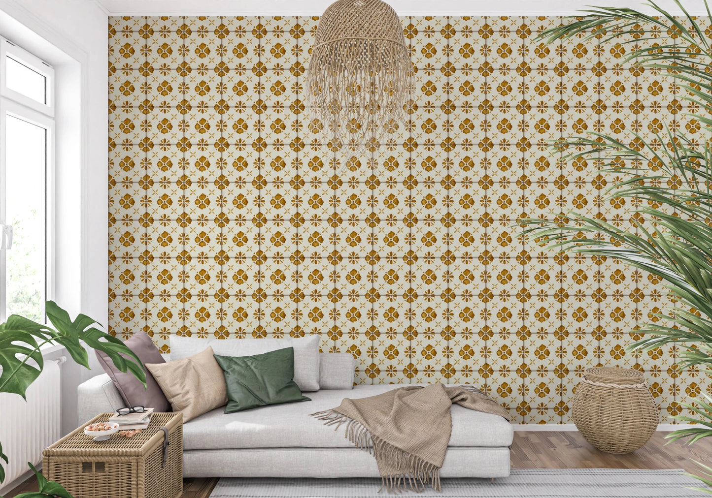 Rustic golden patterned wallpaper for dining area styling