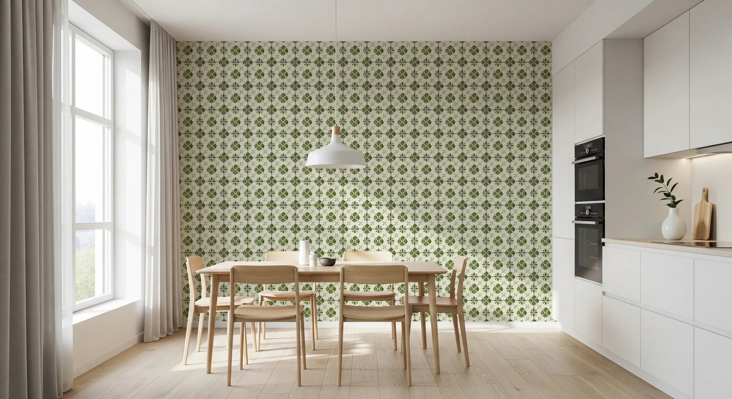 Kitchen wall mural featuring green floral tile motifs