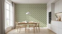 Kitchen wall mural featuring green floral tile motifs