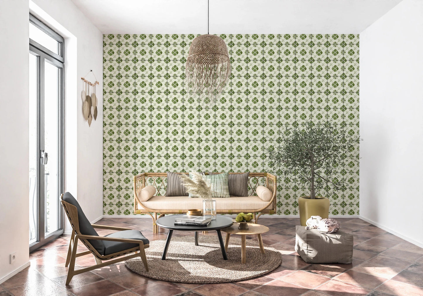 Traditional botanical wall mural in sage and cream tones