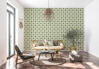Traditional botanical wall mural in sage and cream tones