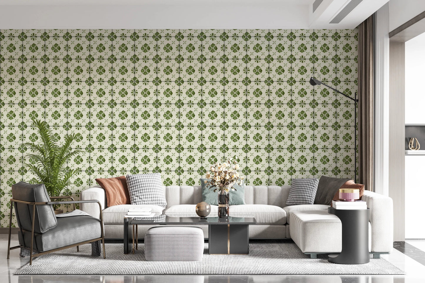 Vintage tile look wallpaper in olive green and ivory