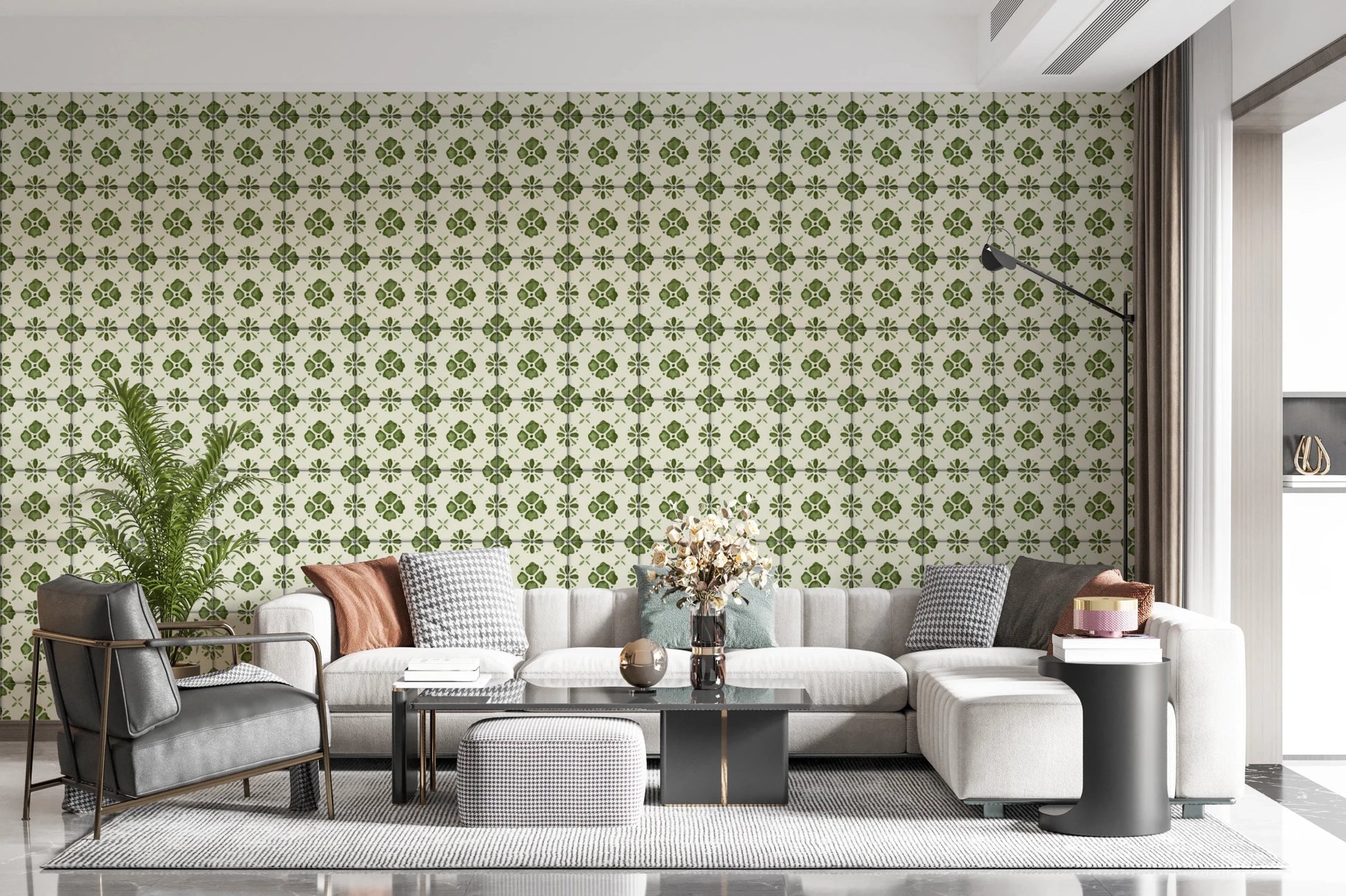 Vintage tile look wallpaper in olive green and ivory