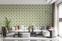Vintage tile look wallpaper in olive green and ivory