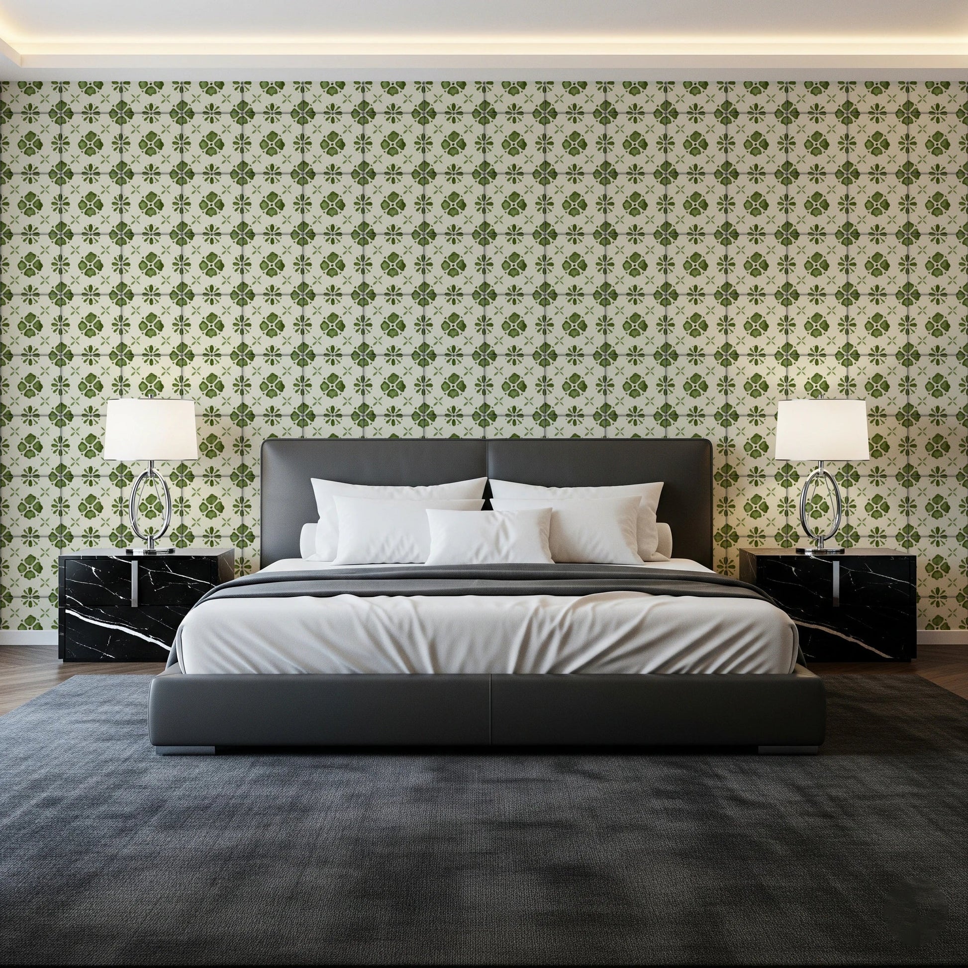 Olive green patterned wallpaper for bedroom accent walls
