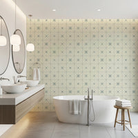 Delicate blue starburst motif kitchen wall decor.