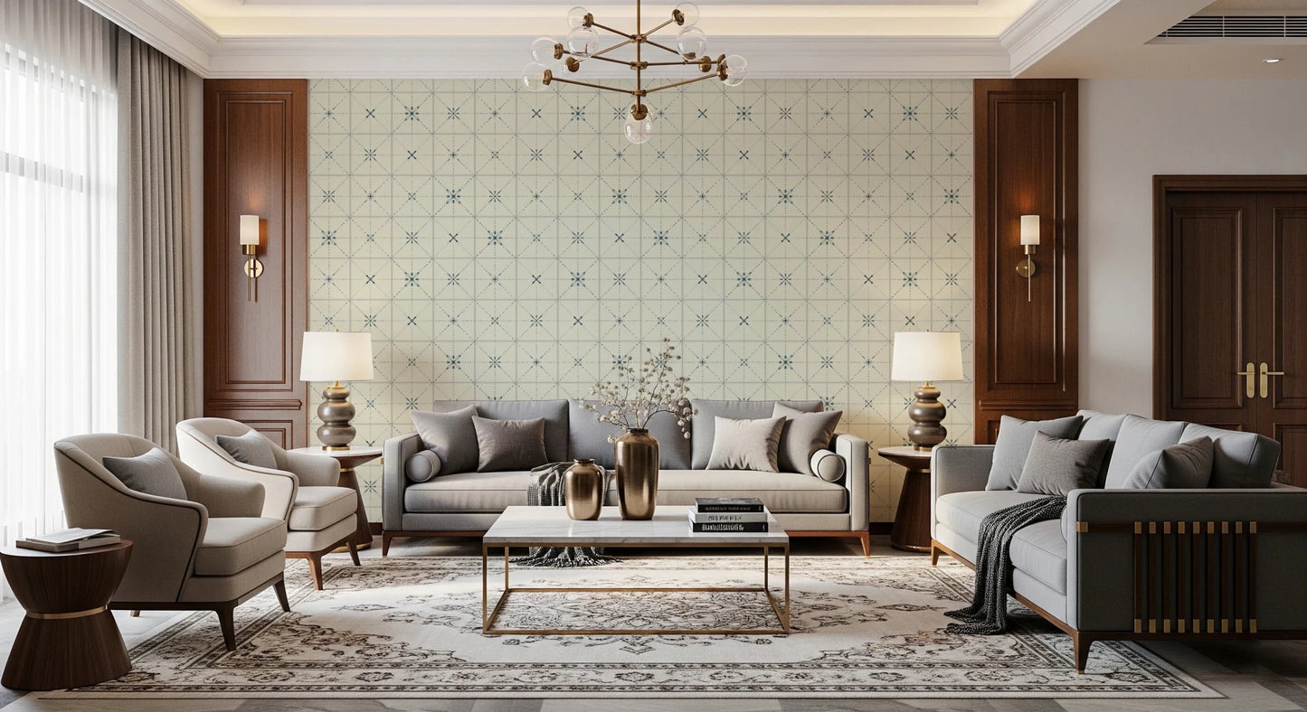 Cool blue farmhouse tile wallpaper for kitchen walls.