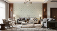 Cool blue farmhouse tile wallpaper for kitchen walls.