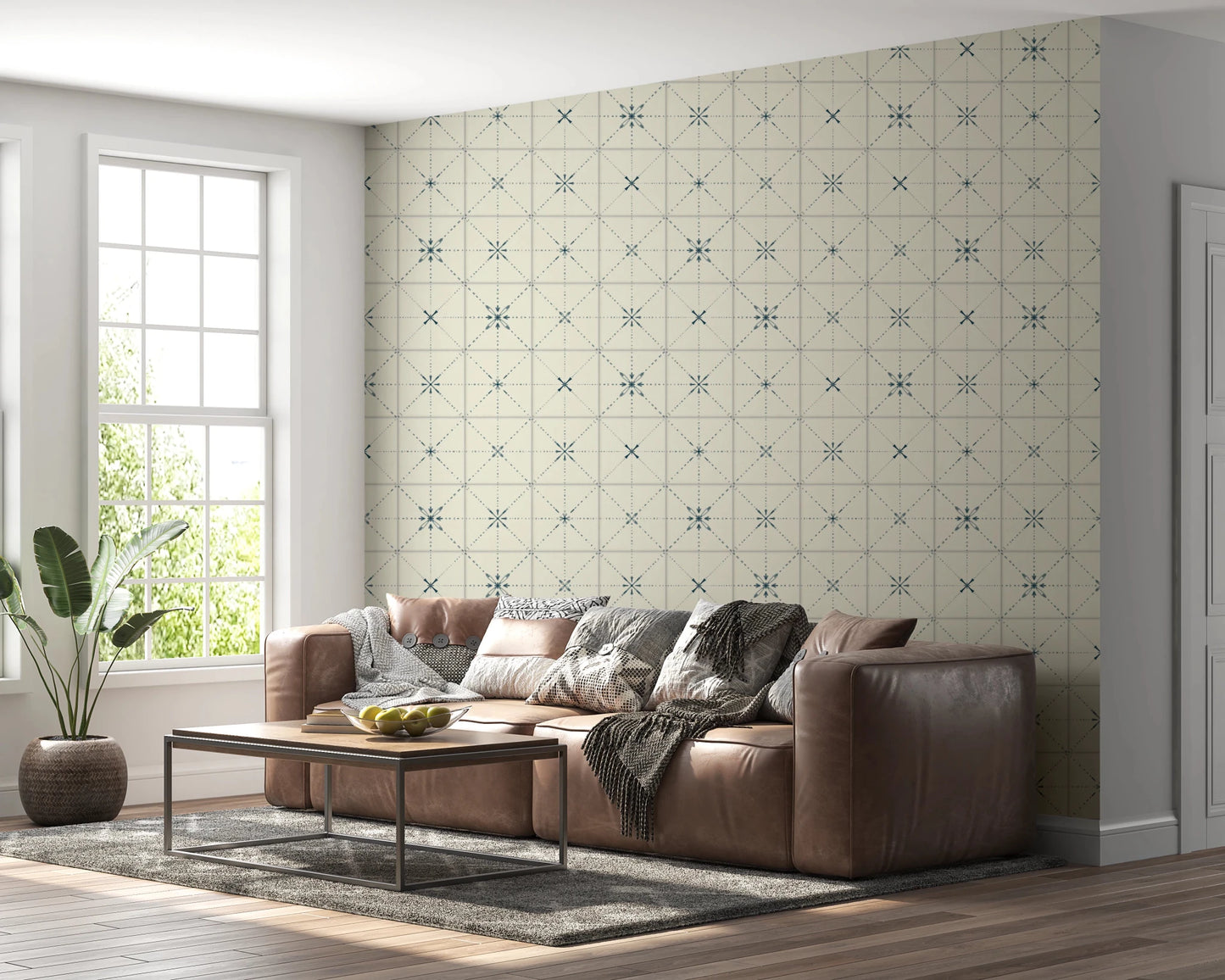 Slate blue and cream faux tile backsplash wallpaper.
