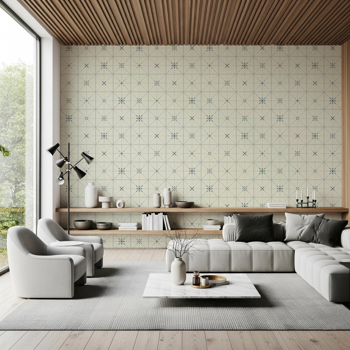 Rustic blue tile aesthetic wallpaper for laundry room.