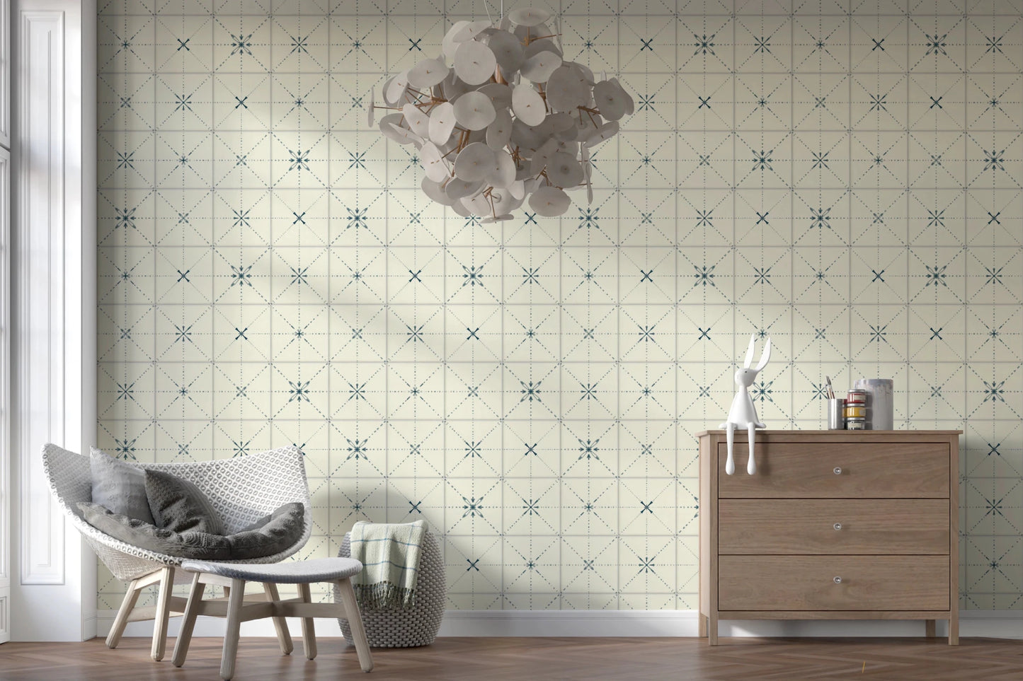 Vintage blue starburst backsplash tile mural design.