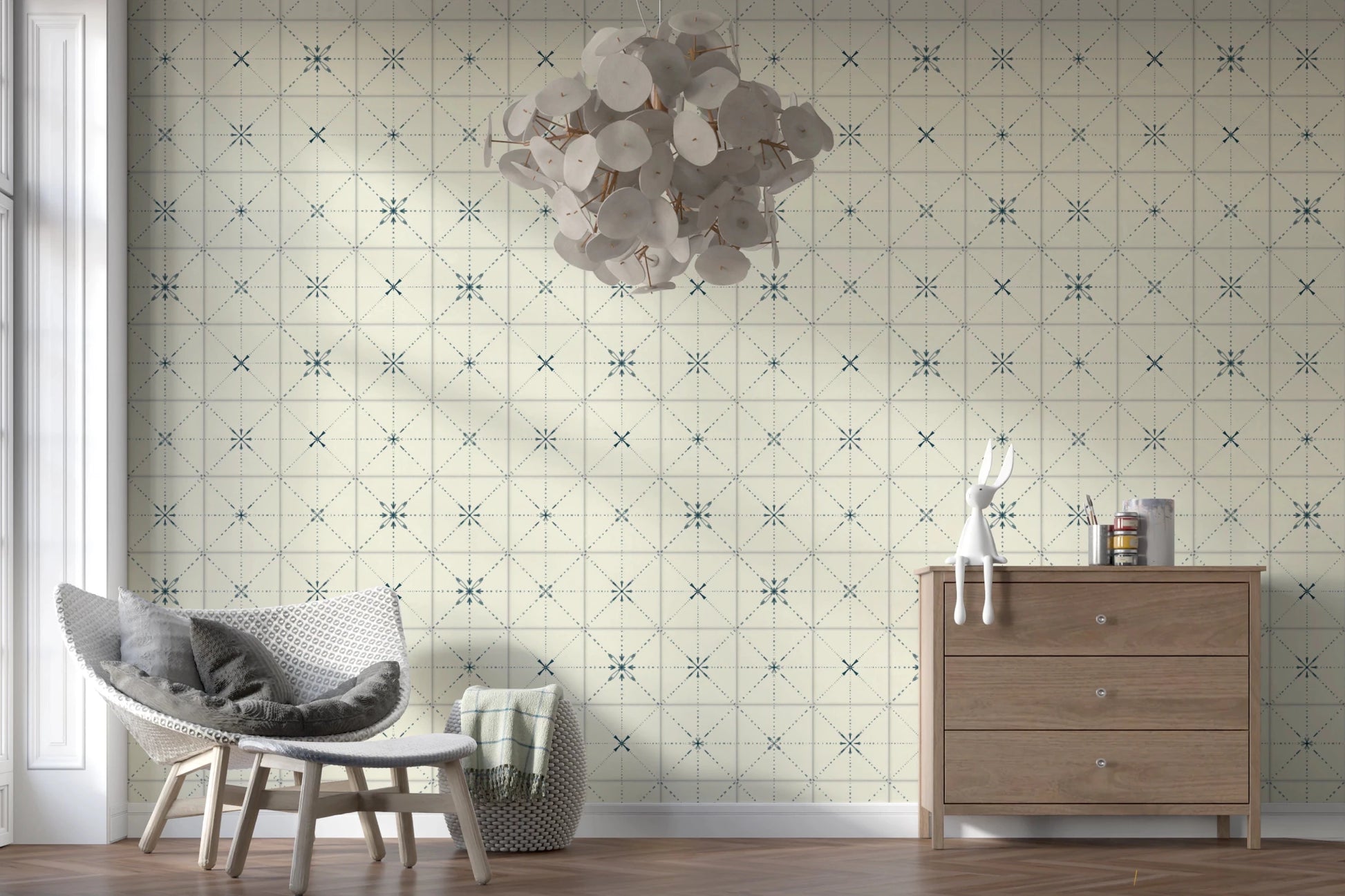 Vintage blue starburst backsplash tile mural design.