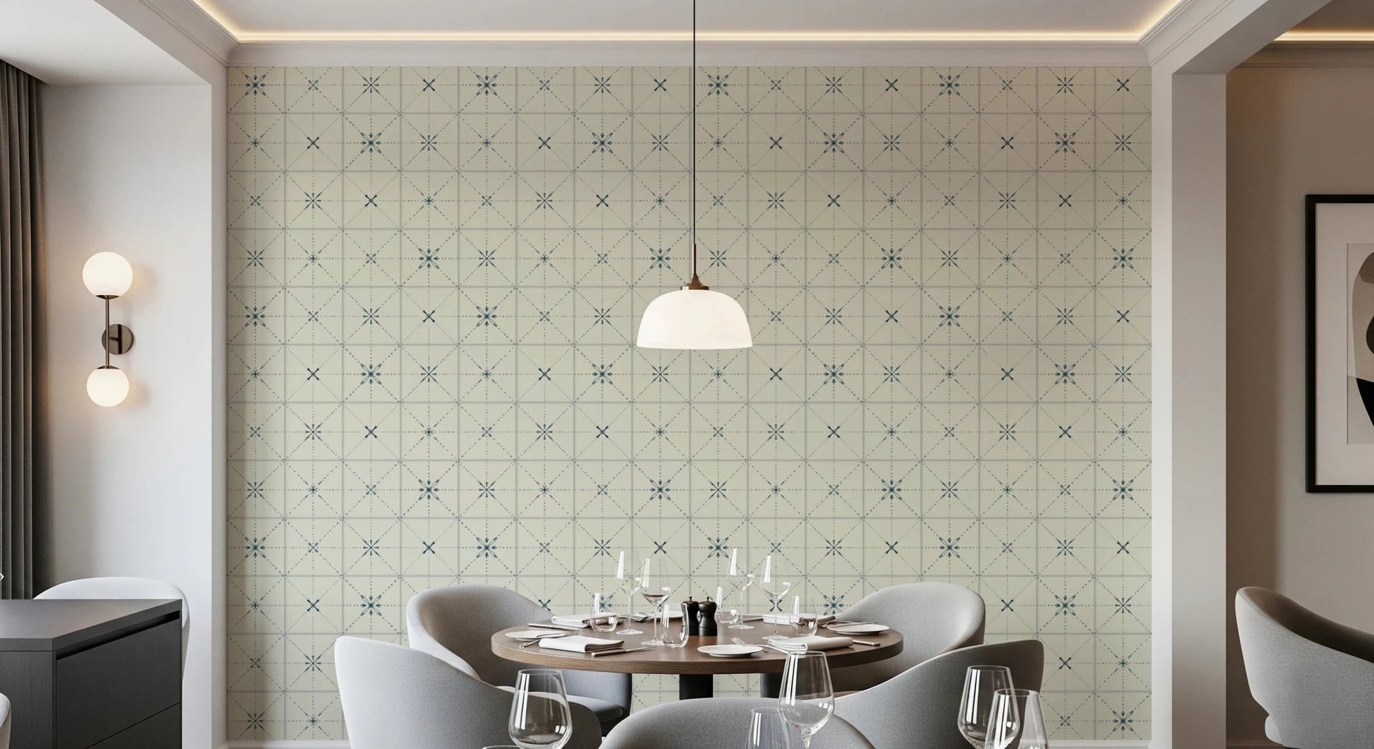 Blue mosaic tile look wallpaper with cream grout lines.