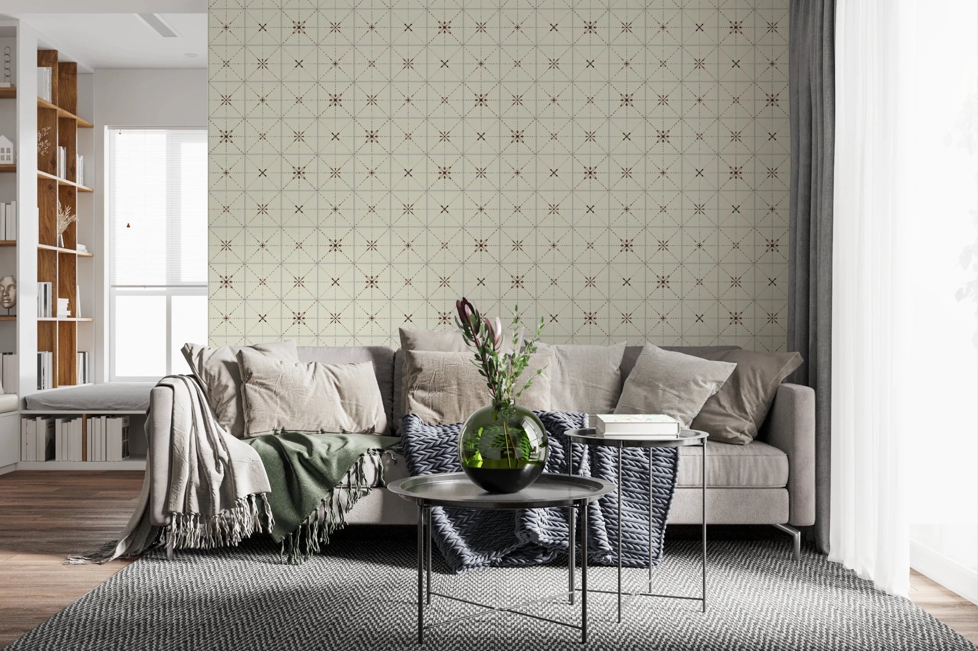 Fine brown lattice pattern wallpaper on cream wall mural design.