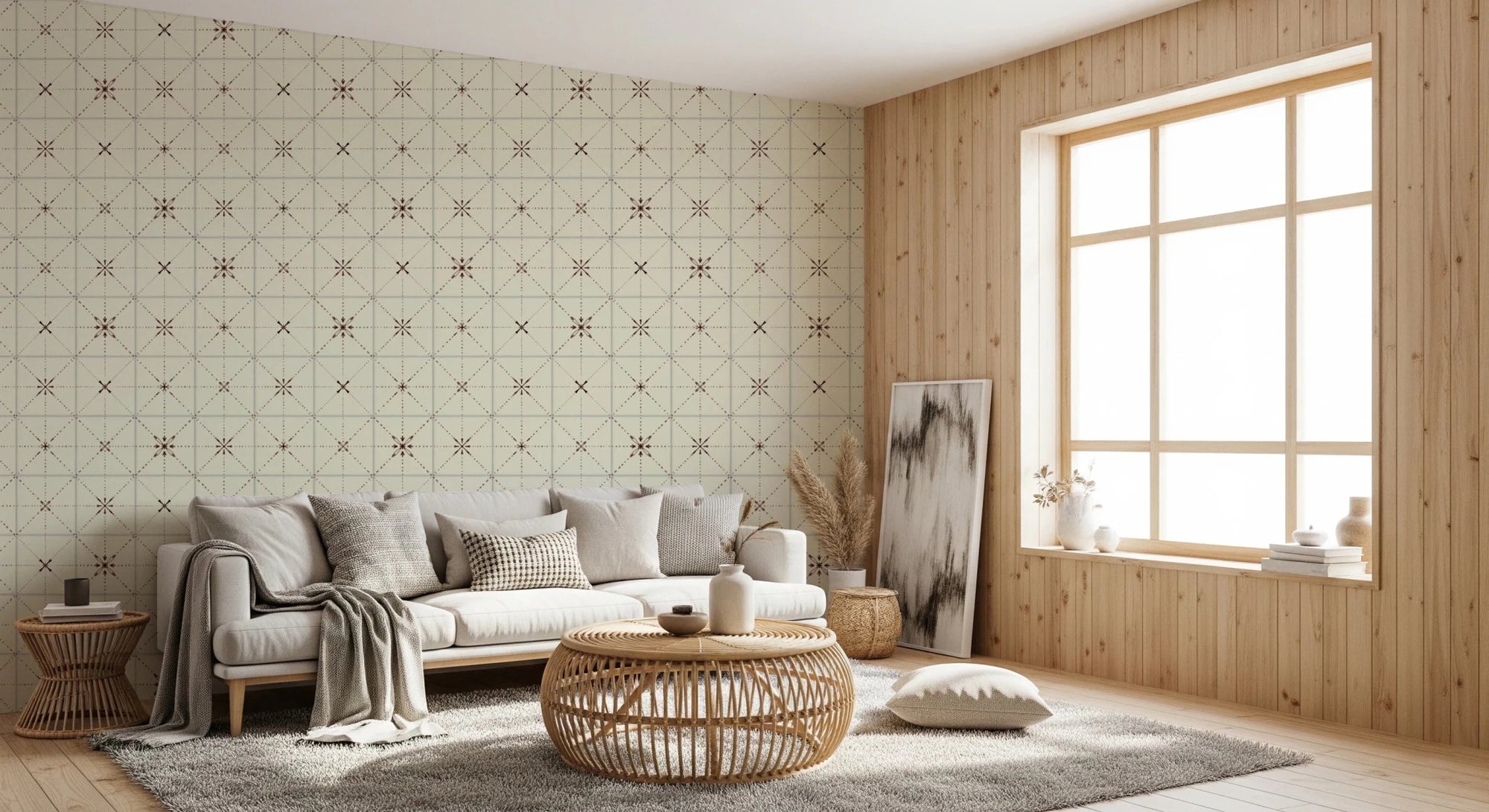 Farmhouse Delicate Backsplash Choco Wallpaper starburst pattern., GD8411