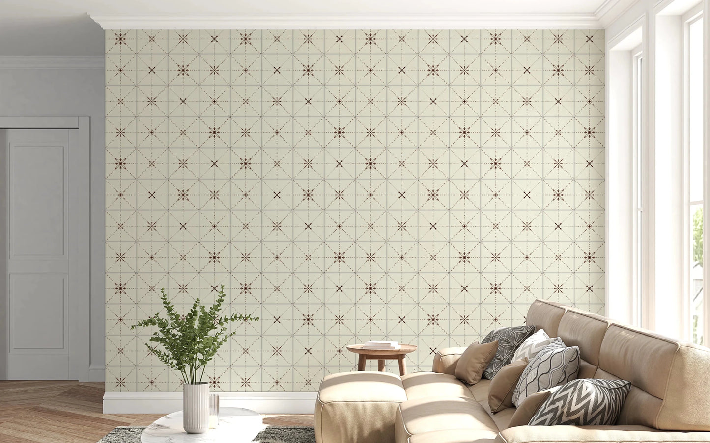 Delicate geometric backsplash wallpaper for a kitchen wall mural.