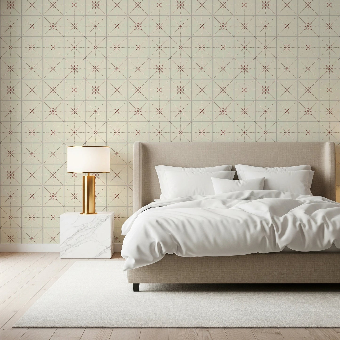 Vintage clay starburst tile print on cream background.