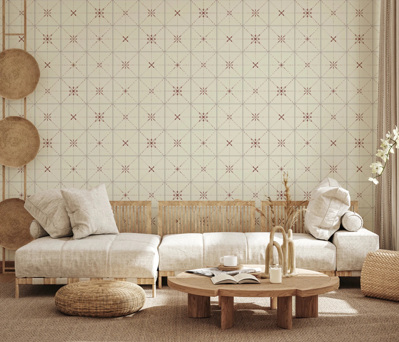 Terracotta clay tile effect wallpaper for farmhouse decor.
