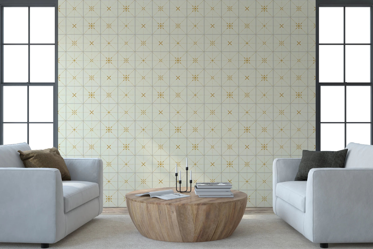 Yellow starburst motif tile mural on neutral base.