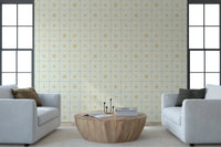 Yellow starburst motif tile mural on neutral base.