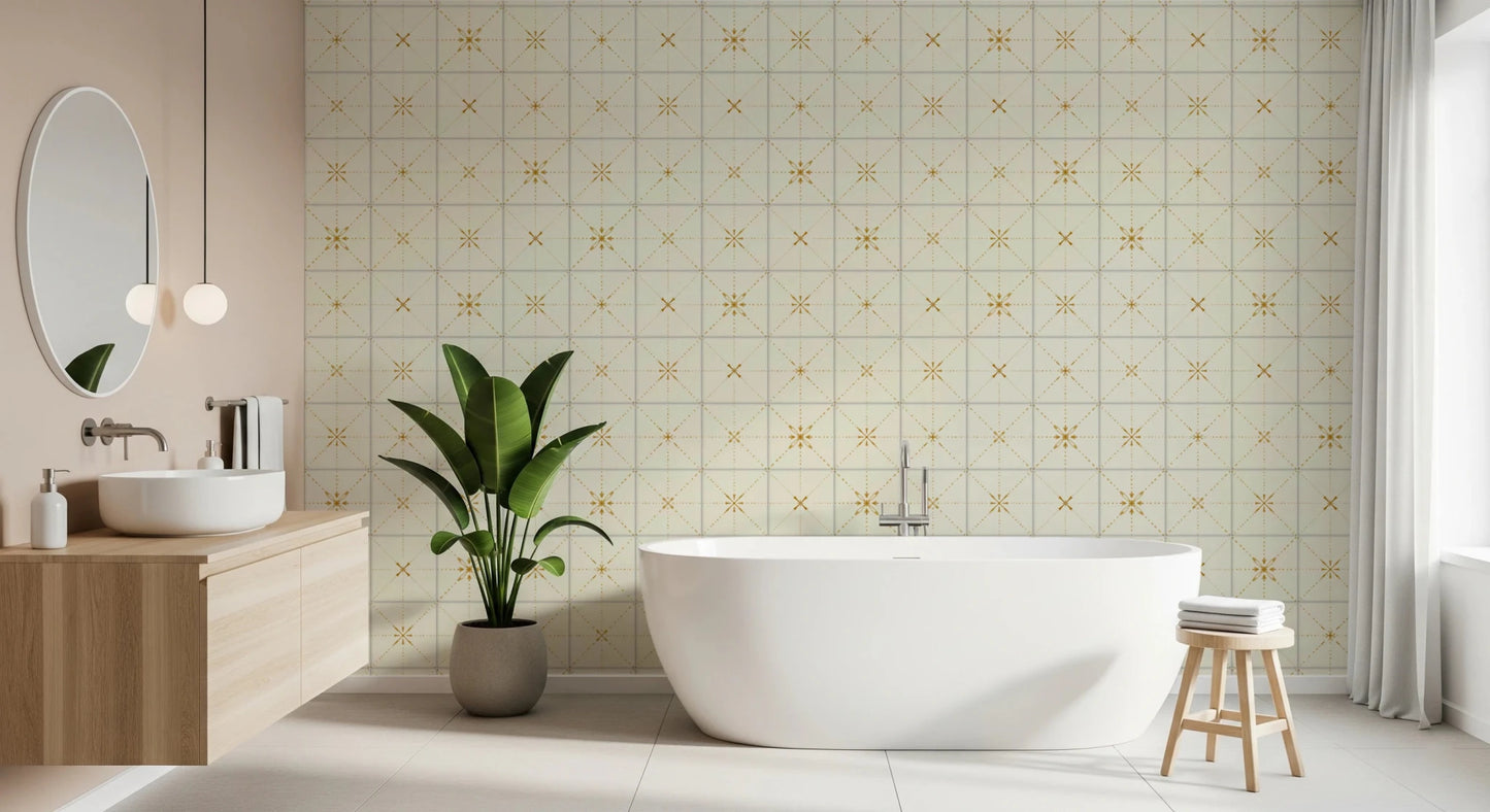 Sunny gold farmhouse tile look wallpaper for walls.
