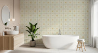 Sunny gold farmhouse tile look wallpaper for walls.