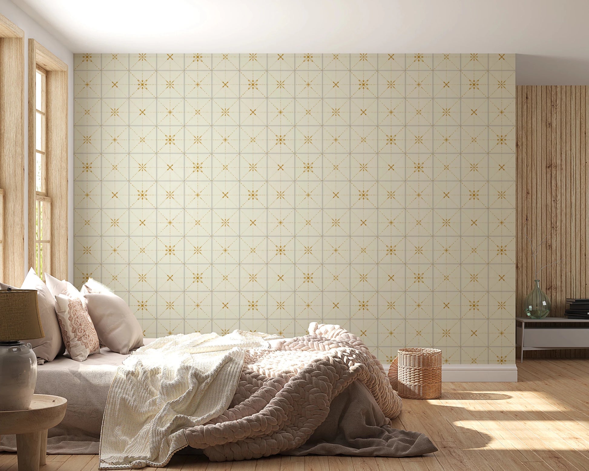 Warm gold farmhouse backsplash wallpaper for bathrooms.