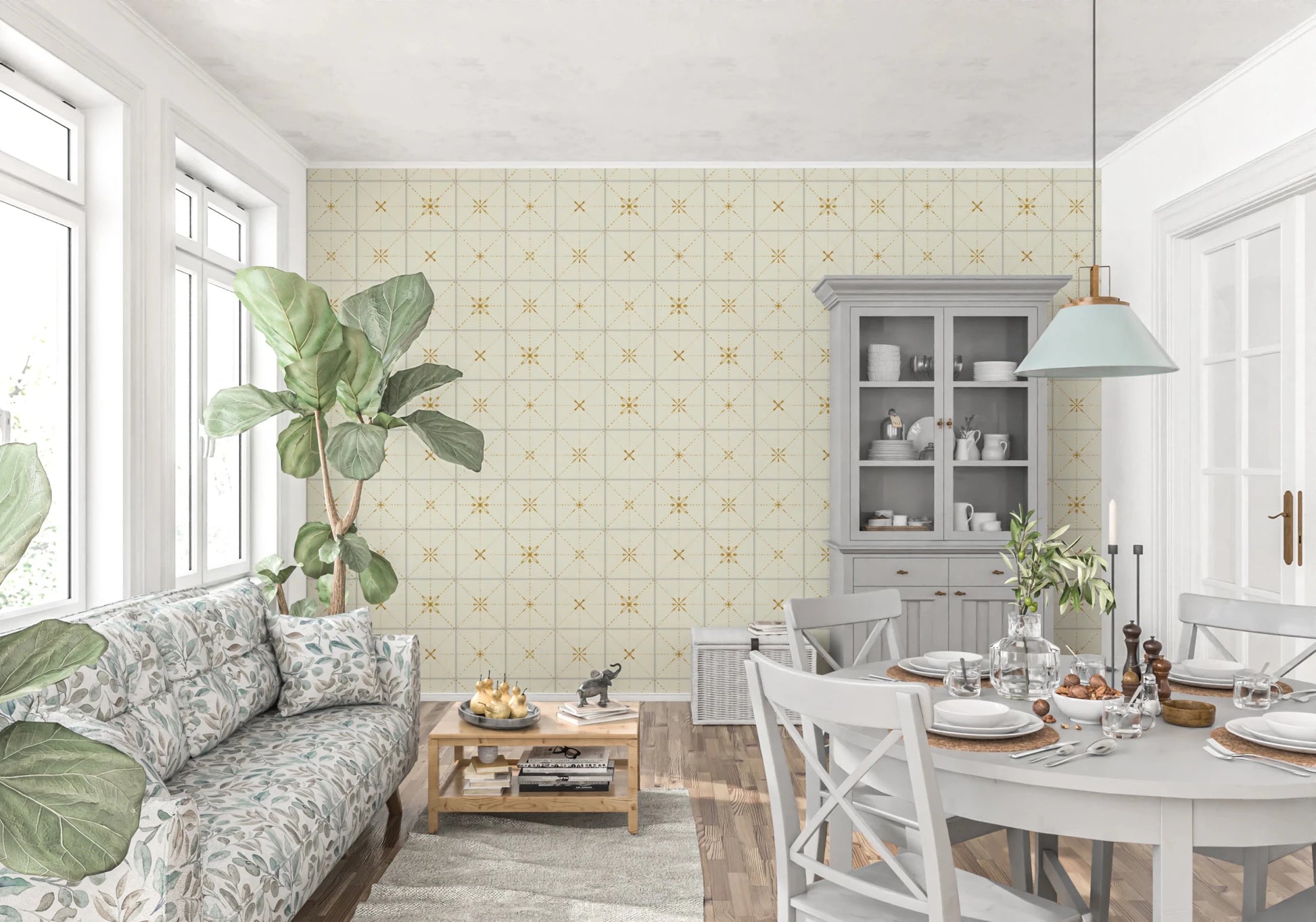 Metallic gold effect starburst pattern wall decor.