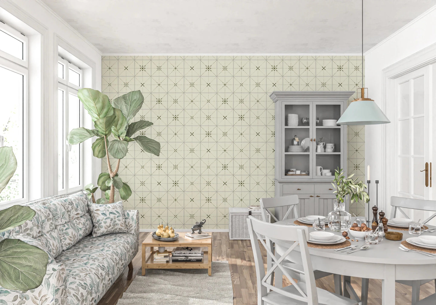 Muted green faux tile backsplash for cottage decor.
