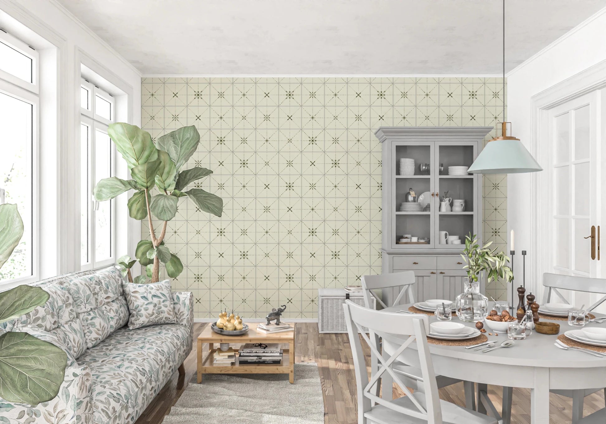 Muted green faux tile backsplash for cottage decor.
