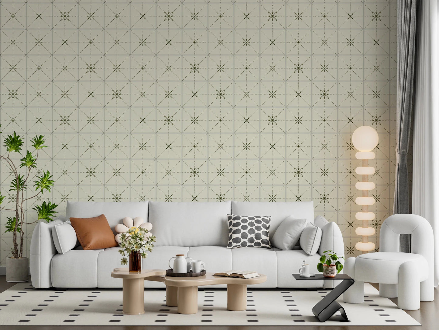 Botanical olive green tile look wallpaper for baths.