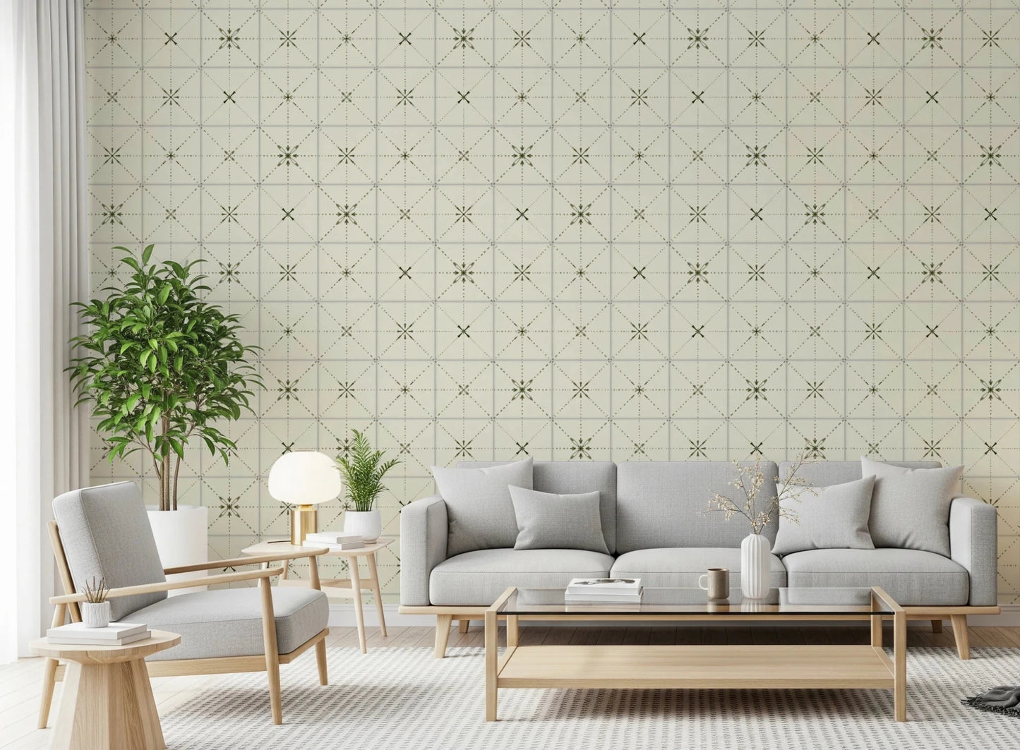 Soft green geometric tile aesthetic wall mural.
