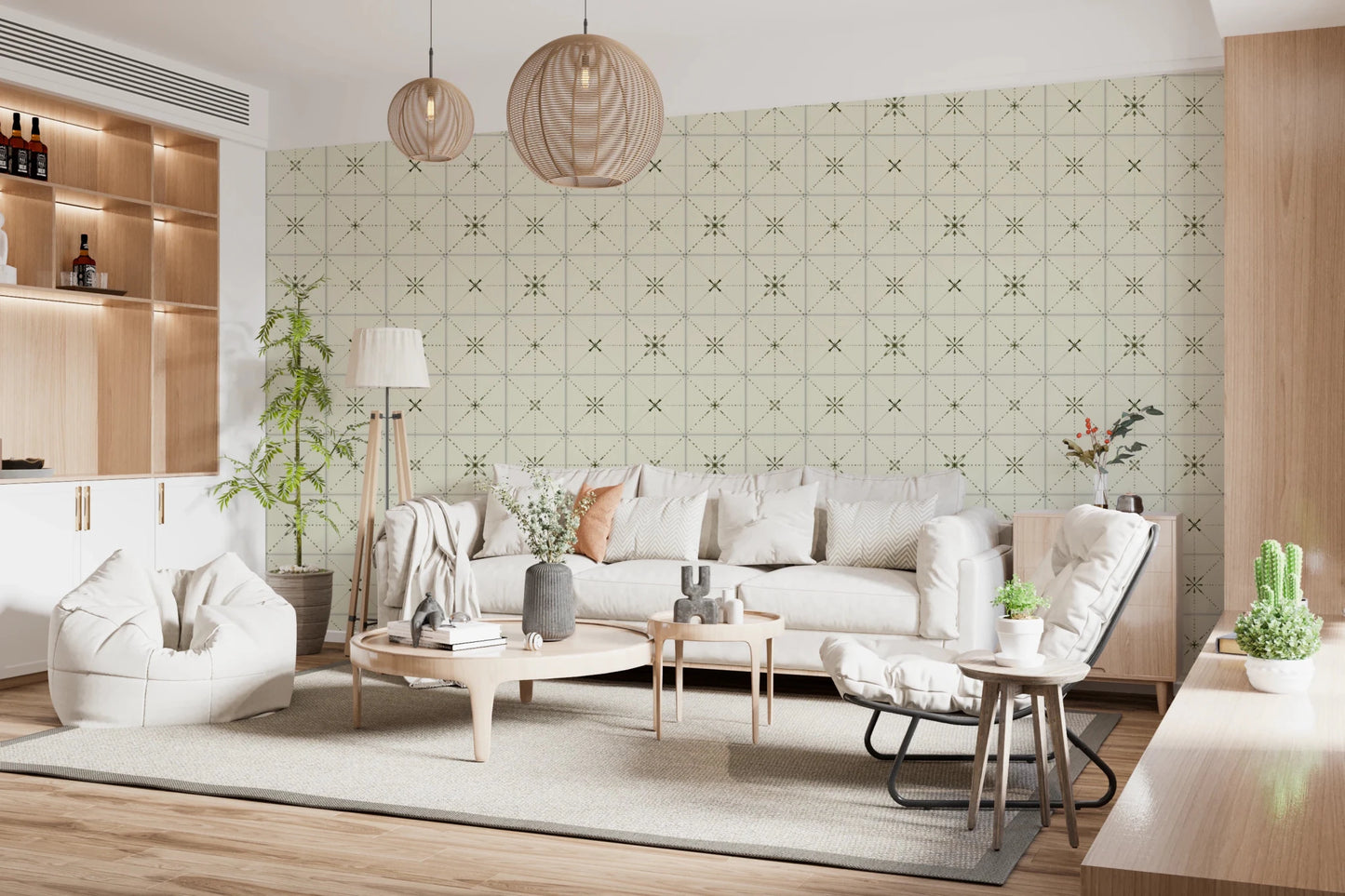 Olive green tile wallpaper for a farmhouse kitchen.