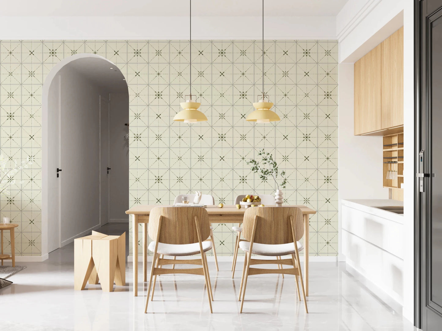 Olive green mosaic tile print for kitchen backsplashes.