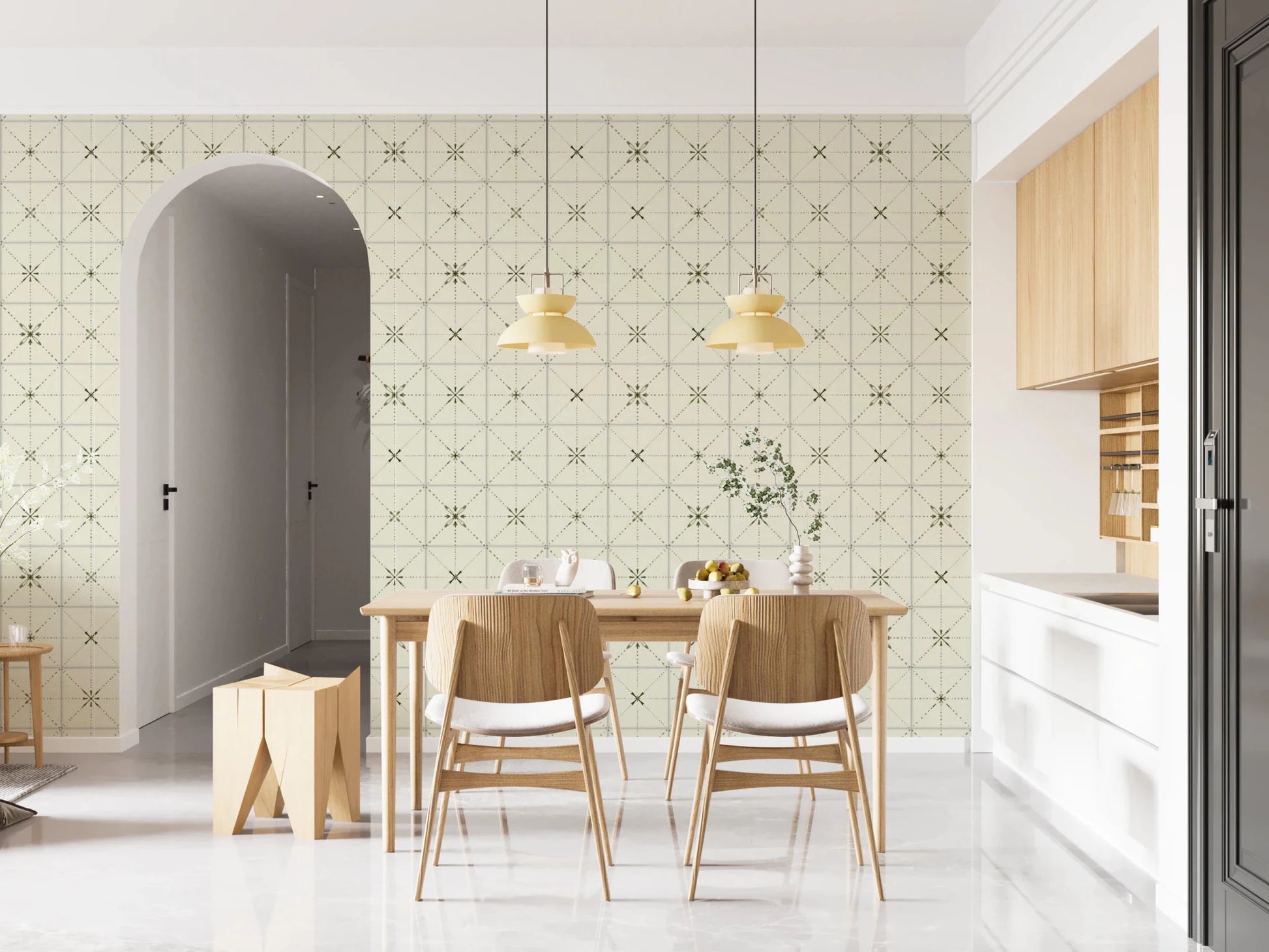 Olive green mosaic tile print for kitchen backsplashes.